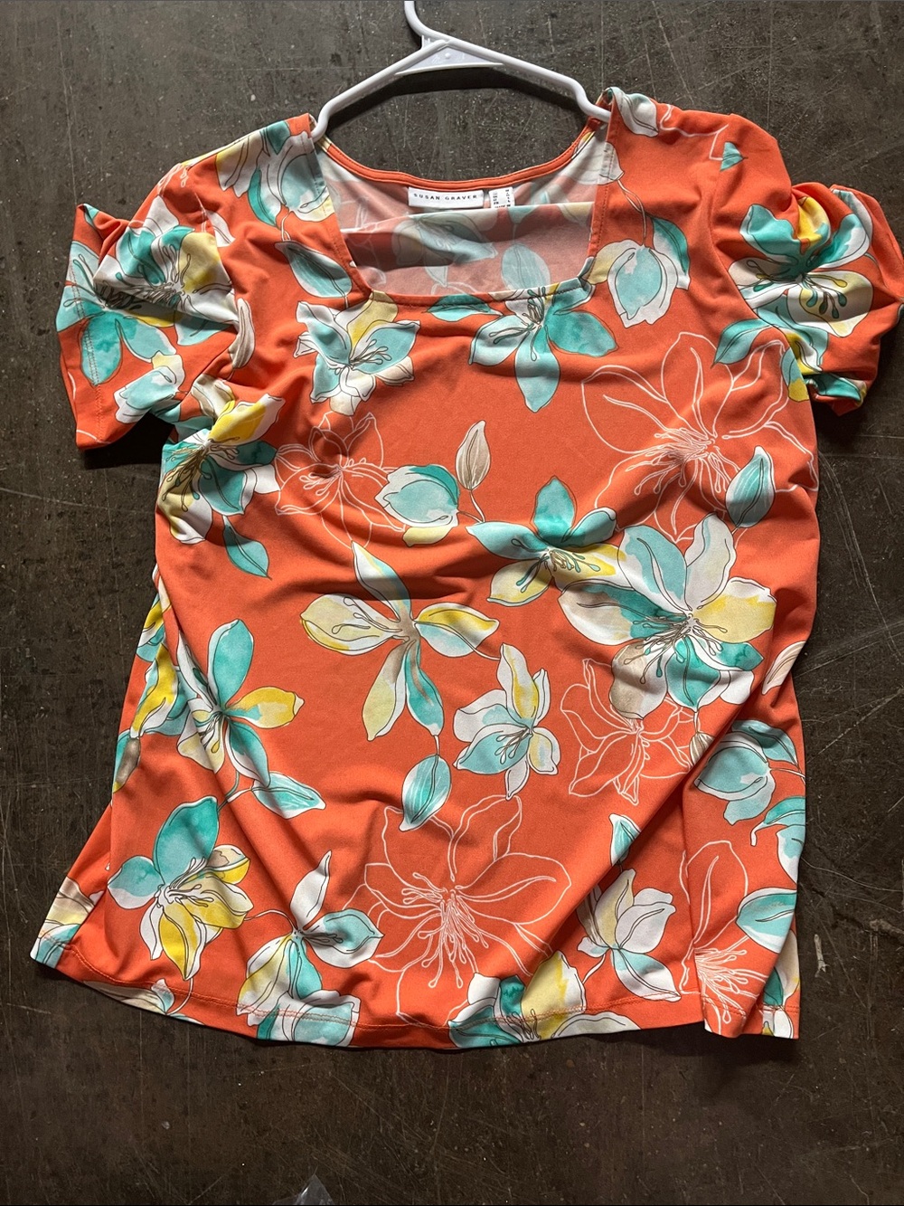 Susan Graver Coral Floral Square Neck Short Sleeve Top Size Medium
